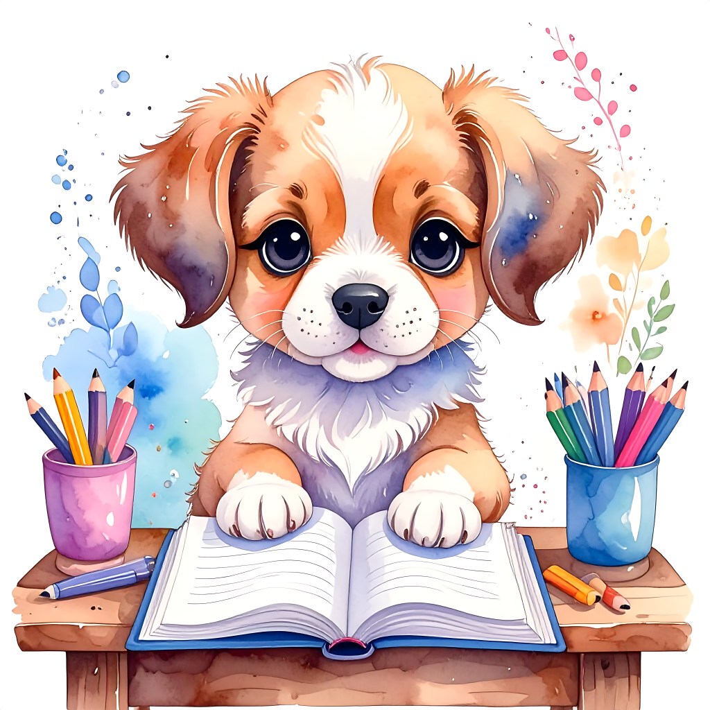 Een schattige puppy die voor een open notitieboekje zit, omringd door kleurpotloden op een tafel. Achtergrond met kleurrijke spatten en planten.