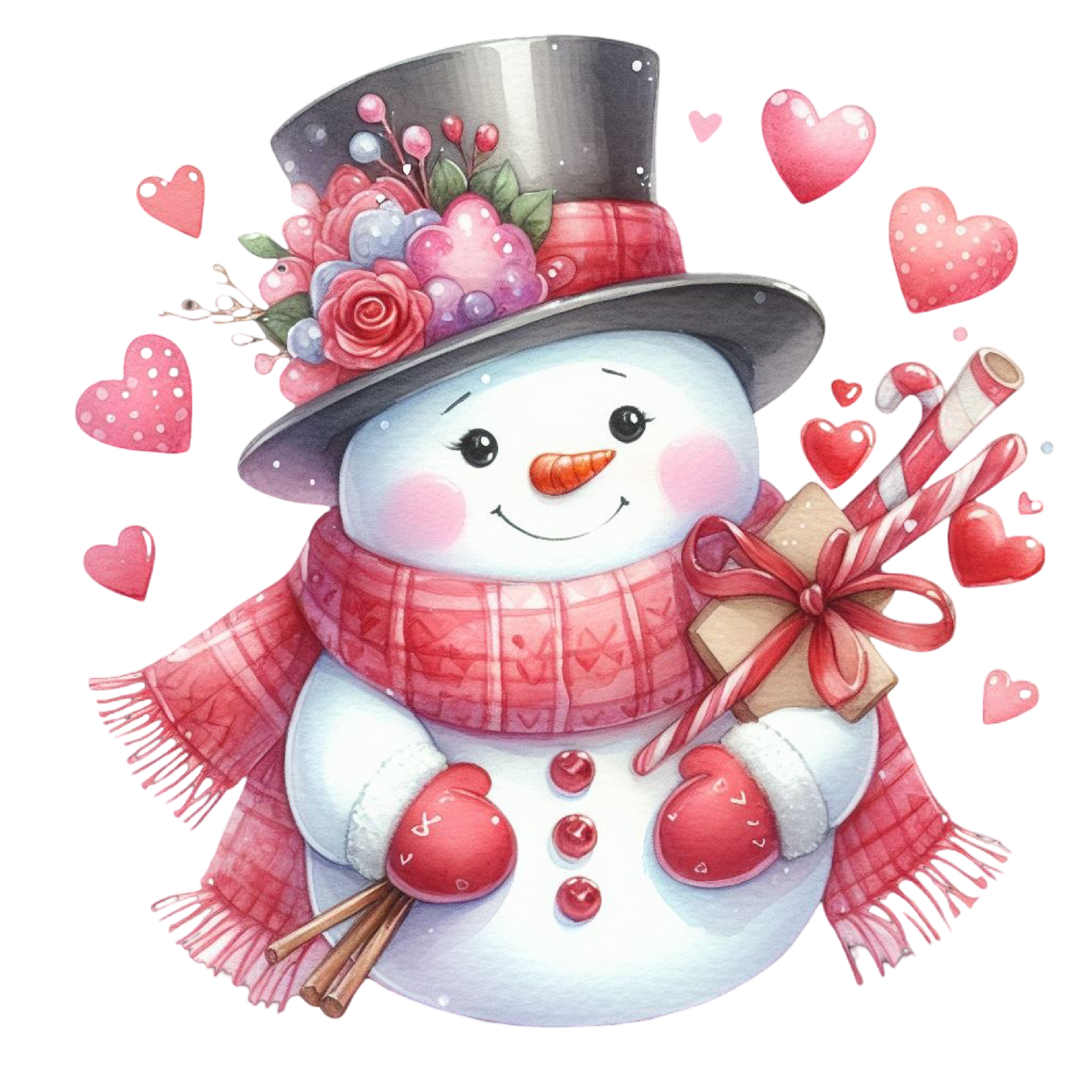 Een schattige sneeuwman met een hoge hoed versierd met bloemen, gekleed in een roze sjaal en handschoenen. Hij houdt snoepjes en een cadeau vast, omringd door roze hartjes.
