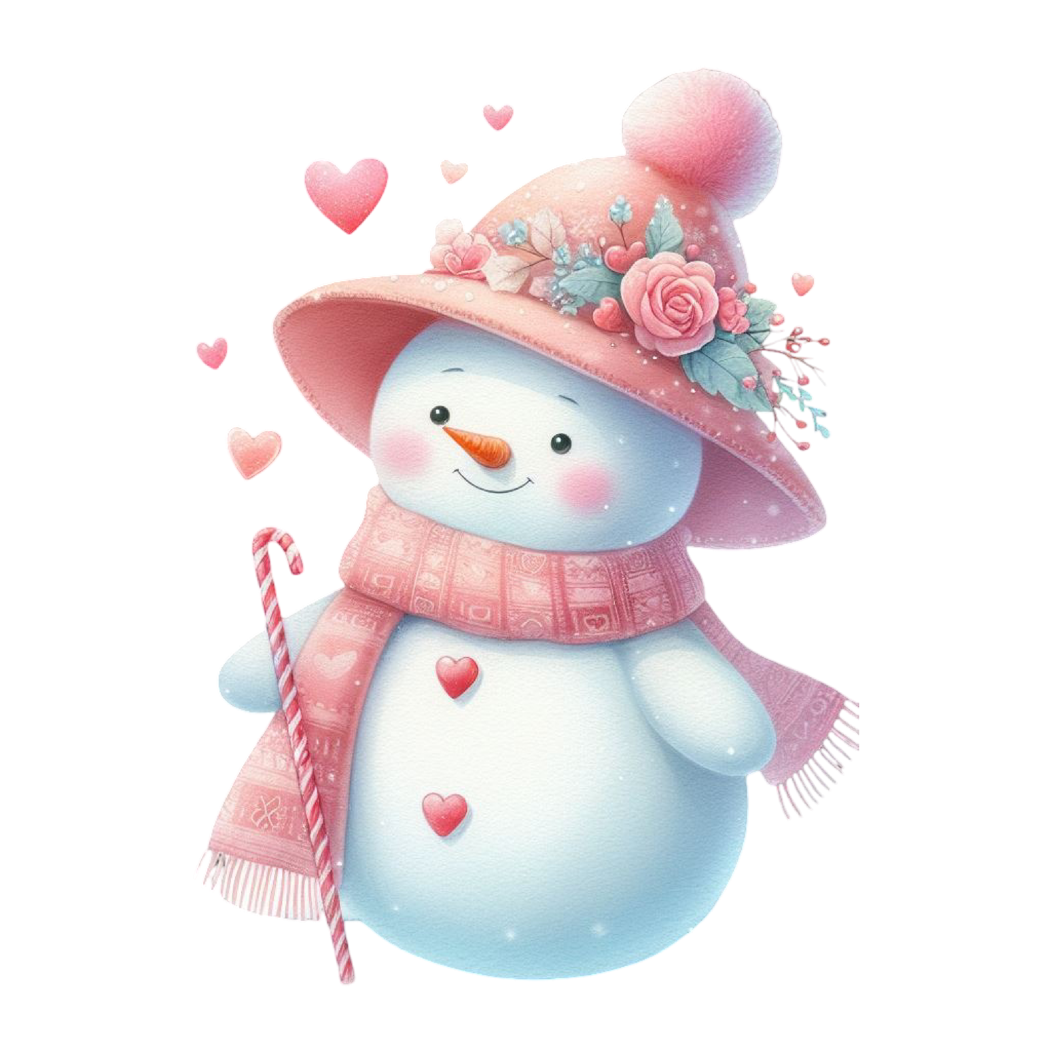 Een schattige sneeuwpop met een roze hoed versierd met bloemen en een pompon, en een roze sjaal, omringd door hartjes.