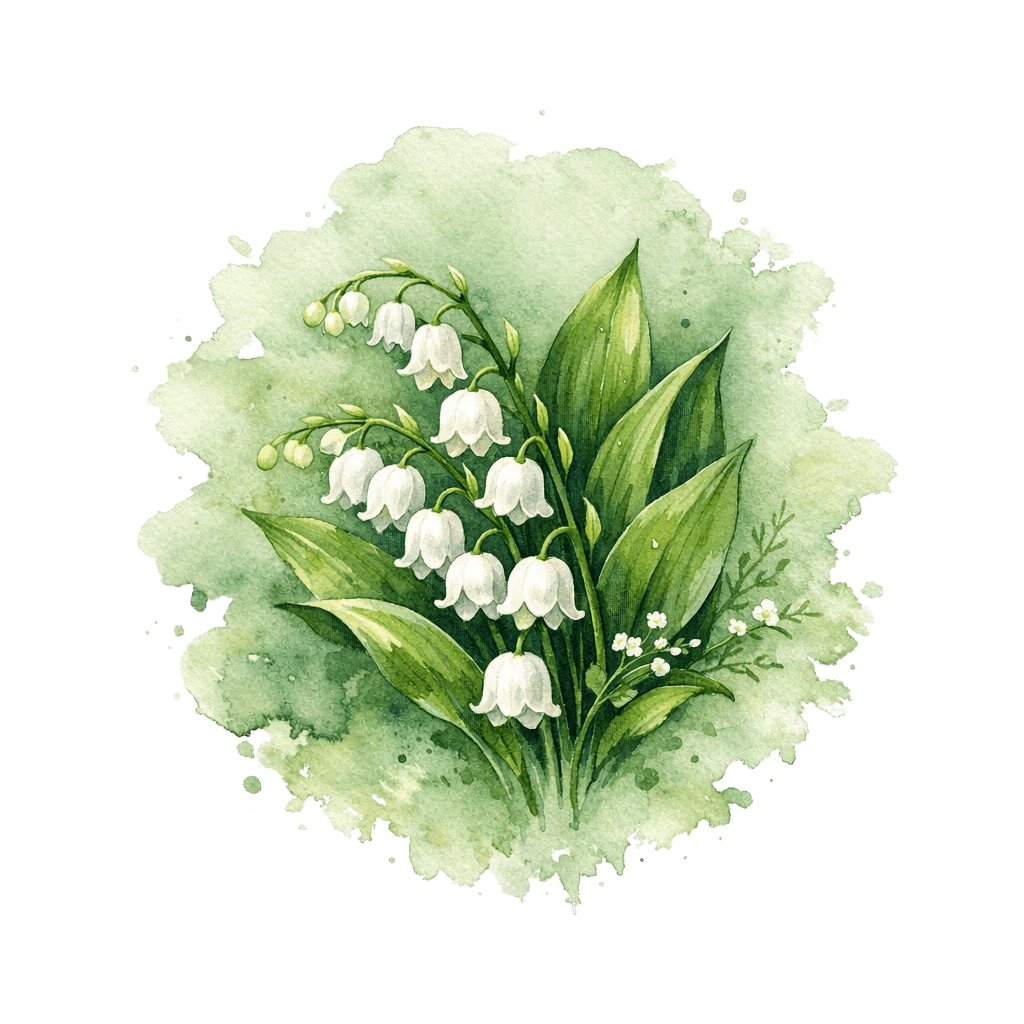 Een aquarelillustratie van lelietjes-van-dalen met groene bladeren op een zachte, groene achtergrond.