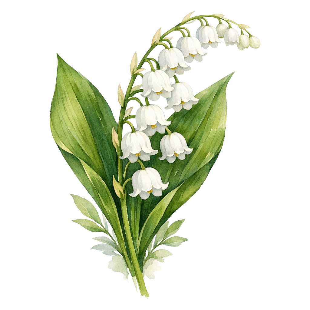 Een tak met lelietje-van-dalen, met witte bloemen en groene bladeren.