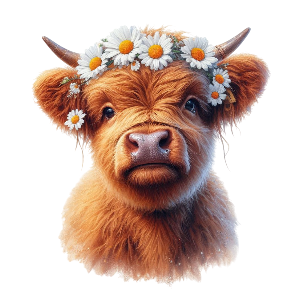 Een schattige Hooglandere met een bloemenkrans van margrieten op zijn hoofd.