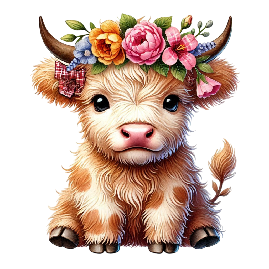 Een schattige kalf met een bloemenkrans en een checkered strikje op zijn hoofd.